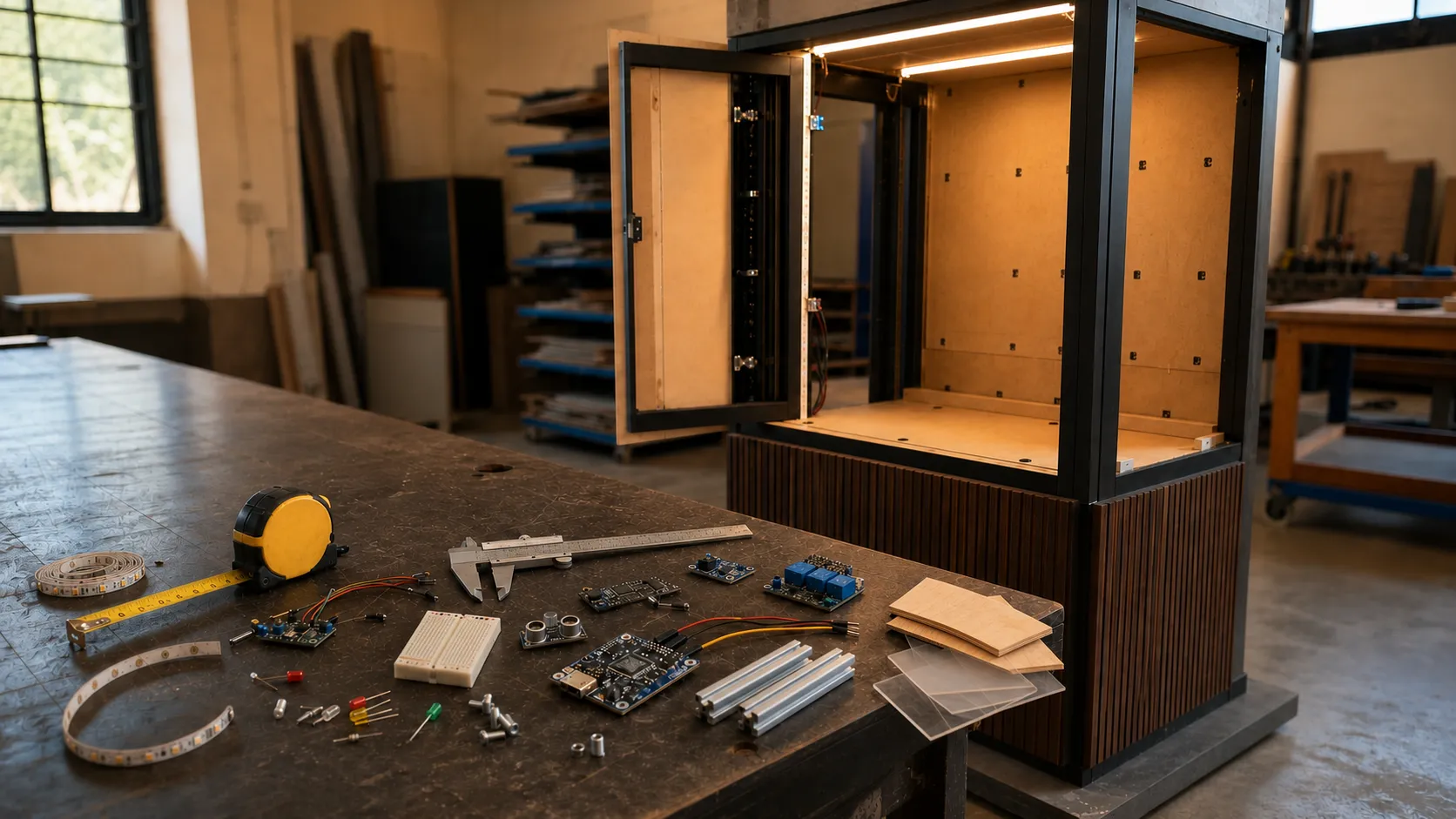 Electronics, material samples, a measuring tape, vernier caliper and microcontroller spread across a workshop table beside an unfinished retail display prototype.