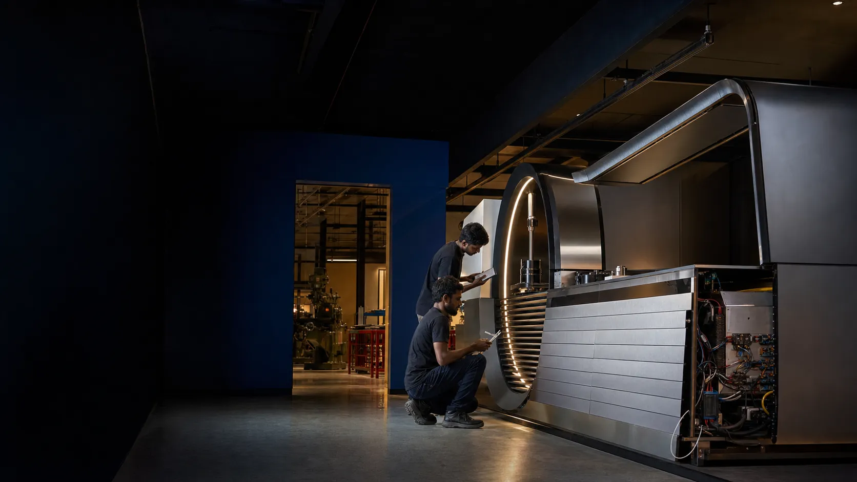 Technicians commission a large illuminated physical installation in a workshop.