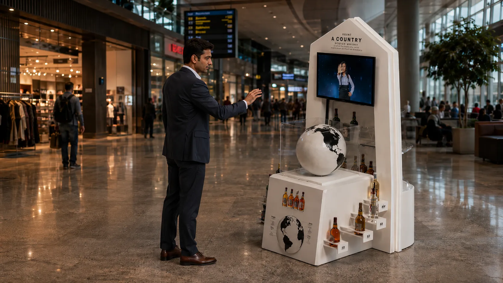 A visitor uses a gesture-controlled display kiosk in an airport concourse.