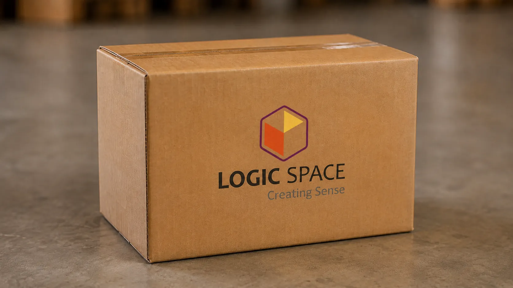 A sealed Logic Space-branded cardboard box prepared for shipment.